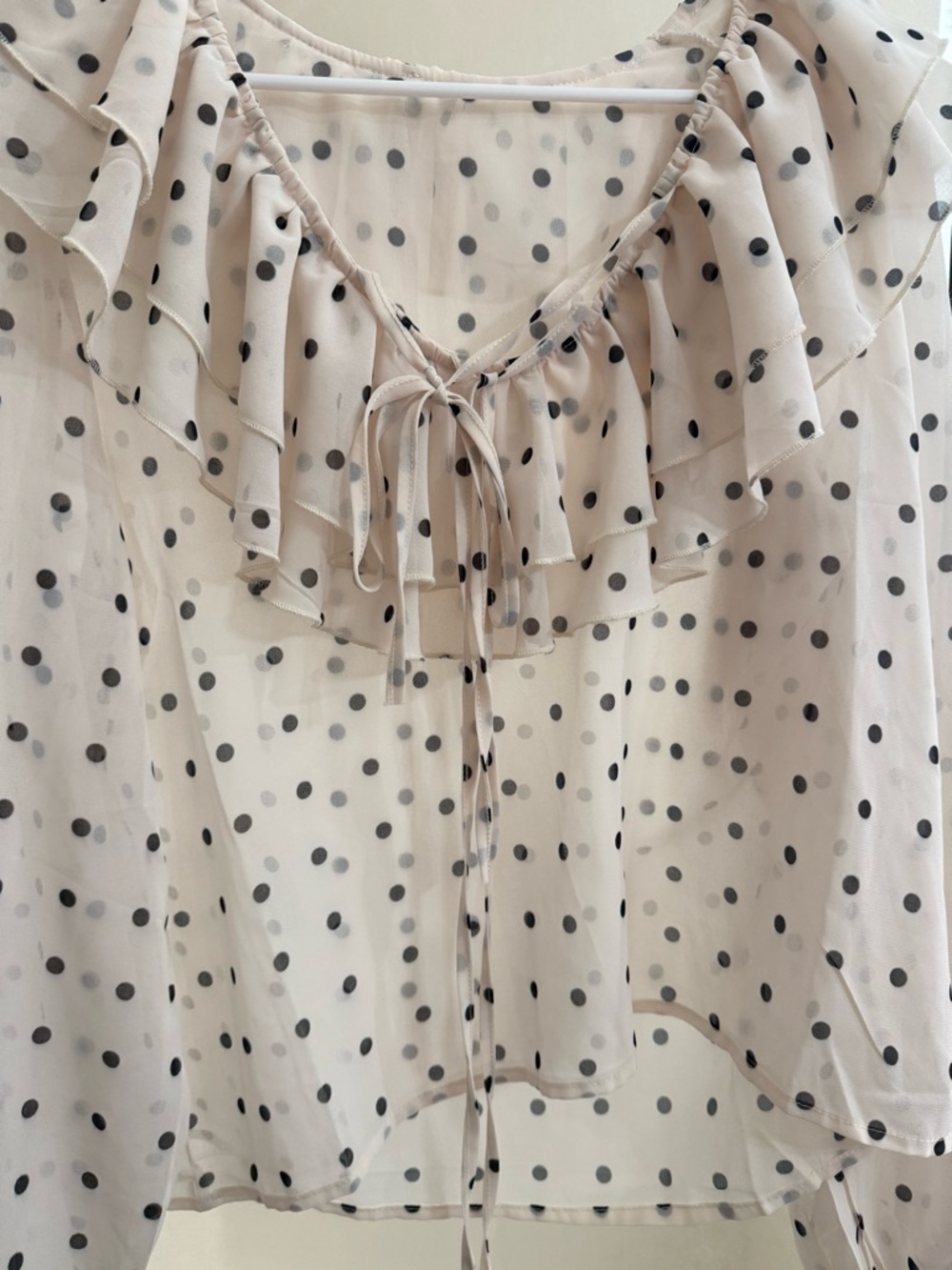 Women's Cream Polka Dot Ruffle Neck Blouse